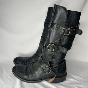 FIORENTINI + BAKER Eternity Boots Black Leather Triple Buckle Moto Straps 39.5